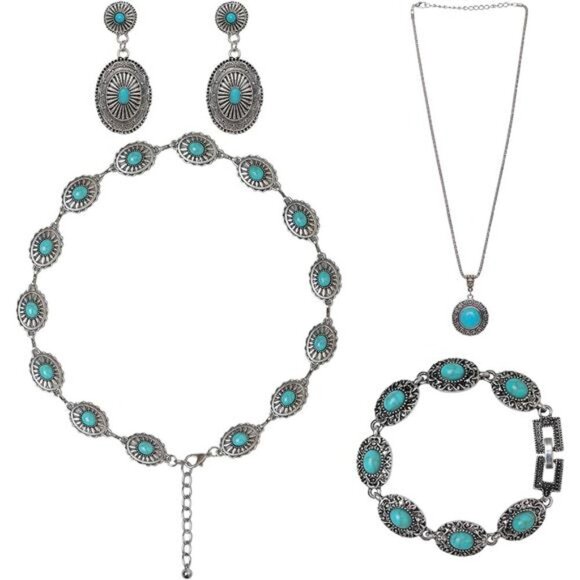 Jewelry - Vintage 4 Pieces Bohemian Turquoise Jewelry Set Western Concho Belt Included
